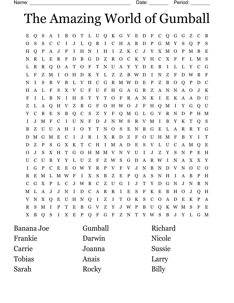 The Amazing World Of Gumball Word Search WordMint