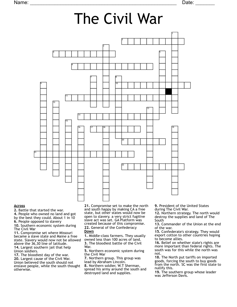 The Civil War Crossword WordMint The Civil War Crossword WordMint