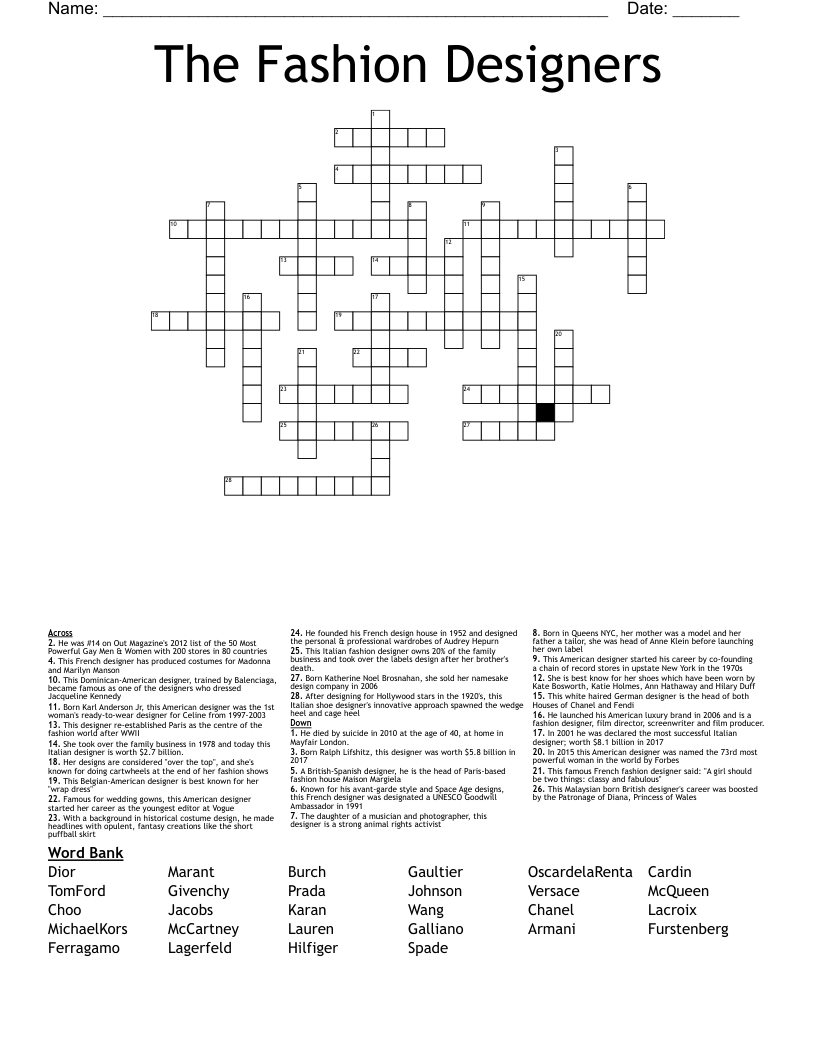 The Fashion Designers Crossword WordMint The Fashion Designers Crossword WordMint