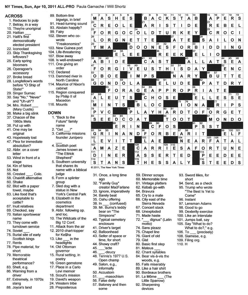 The New York Times Crossword In Gothic 04 10 11 ALL PRO The New York Times Crossword In Gothic 04 10 11 ALL PRO