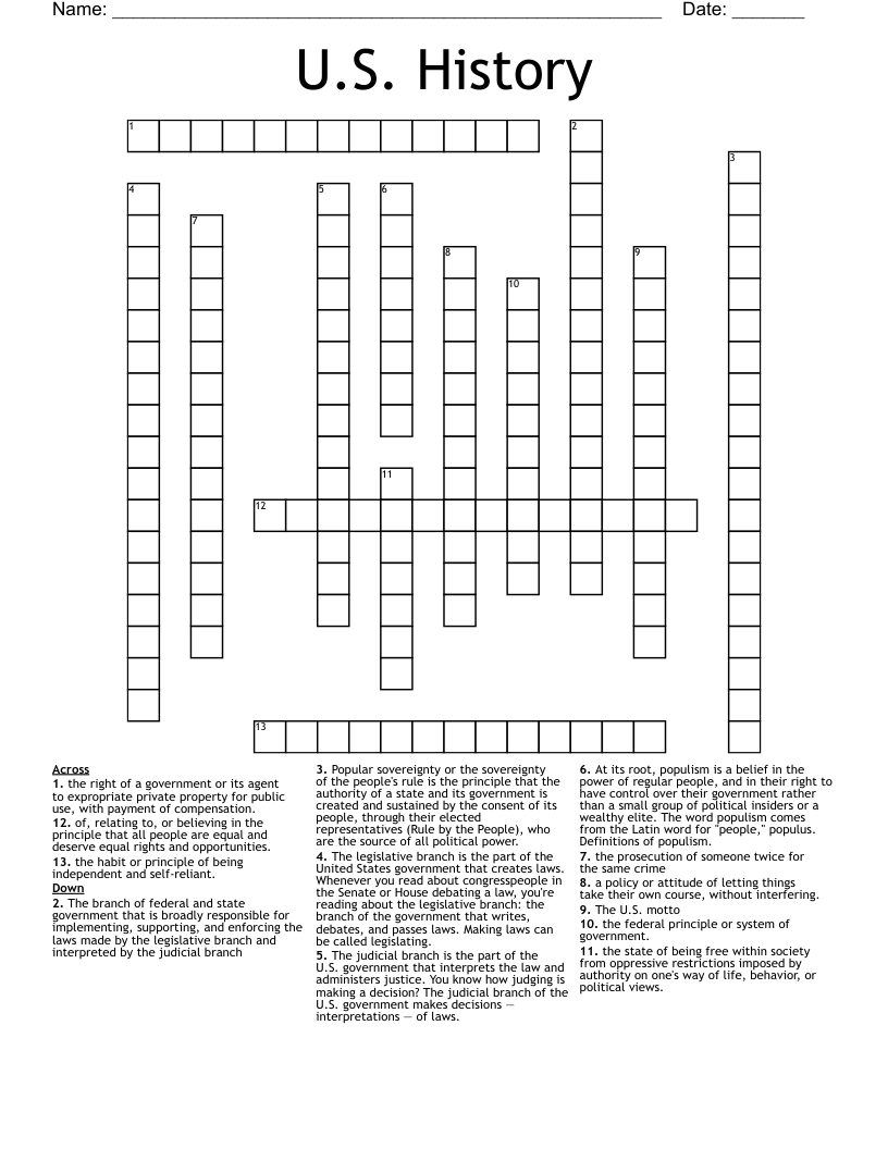 U S History Crossword WordMint U S History Crossword WordMint