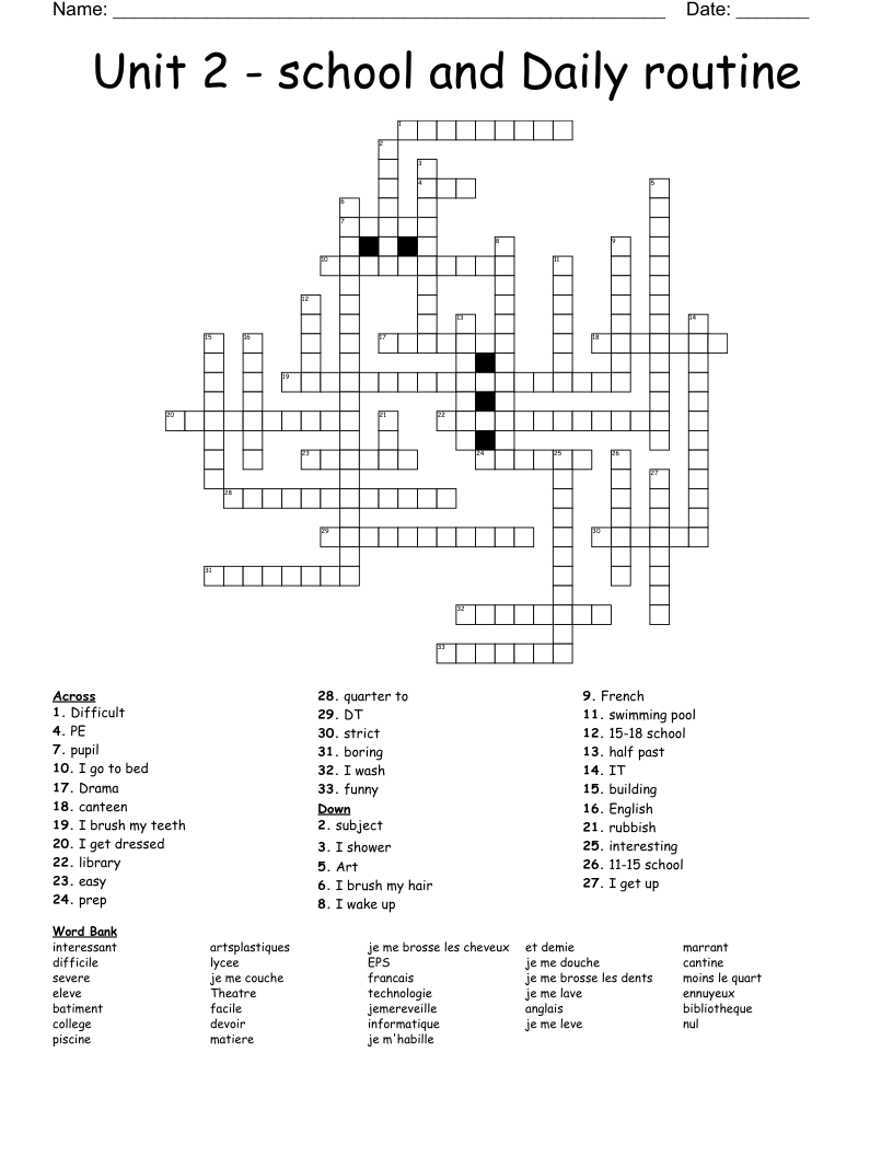 Unit 2 School And Daily Routine Crossword WordMint