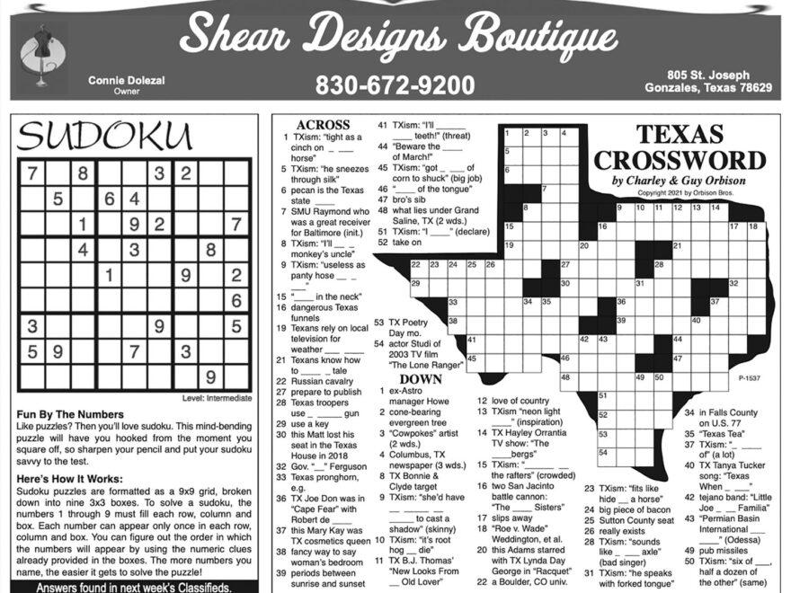 Use Your Mind Here s This Week s Crossword And Sudoku Puzzles From The Inquirer And Shear Designs Boutique The Gonzales Inquirer