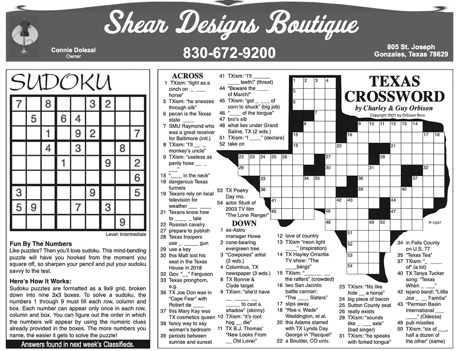 Use Your Mind Here s This Week s Crossword And Sudoku Puzzles From The Inquirer And Shear Designs Boutique The Gonzales Inquirer Use Your Mind Here s This Week s Crossword And Sudoku Puzzles From The Inquirer And Shear Designs Boutique The Gonzales Inquirer