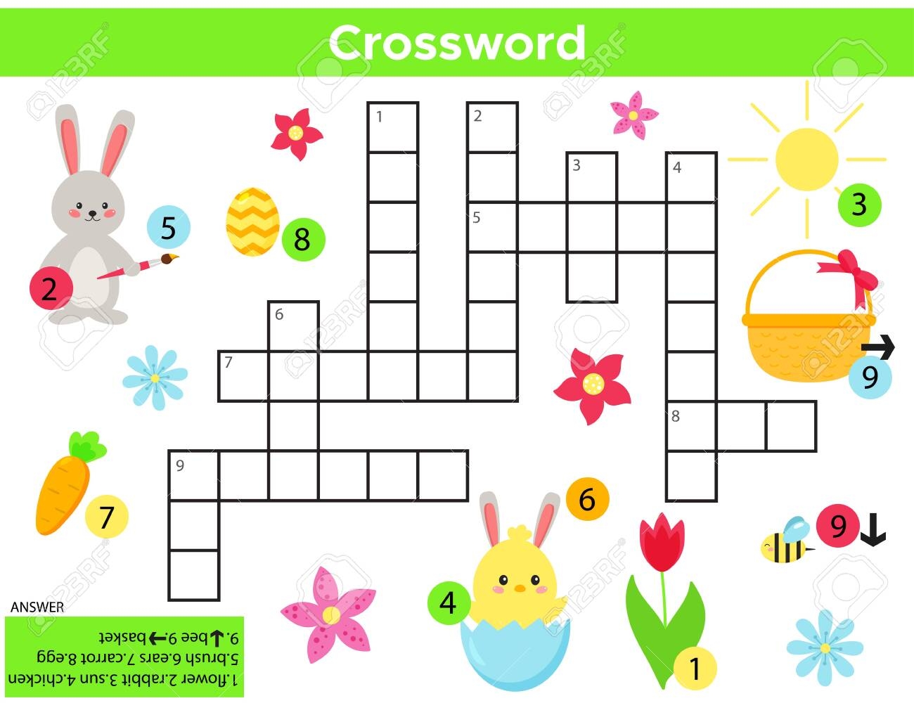 Vector Easter Crossword In English Education Game For Children With Answer Printable Worksheet Cute Cartoon Rabbit Chick Spring Flower Easter Egg And Basket Royalty Free SVG Cliparts Vectors And Stock Illustration Image