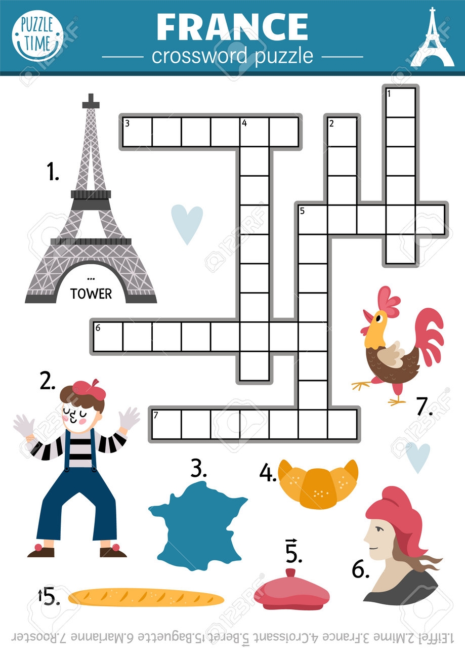 Vector France Crossword Puzzle For Kids Simple French Quiz For Children With Traditional Symbols Educational Activity With Croissant Eiffel Tower Cross Word English Language Riddle Royalty Free SVG Cliparts Vectors And Stock