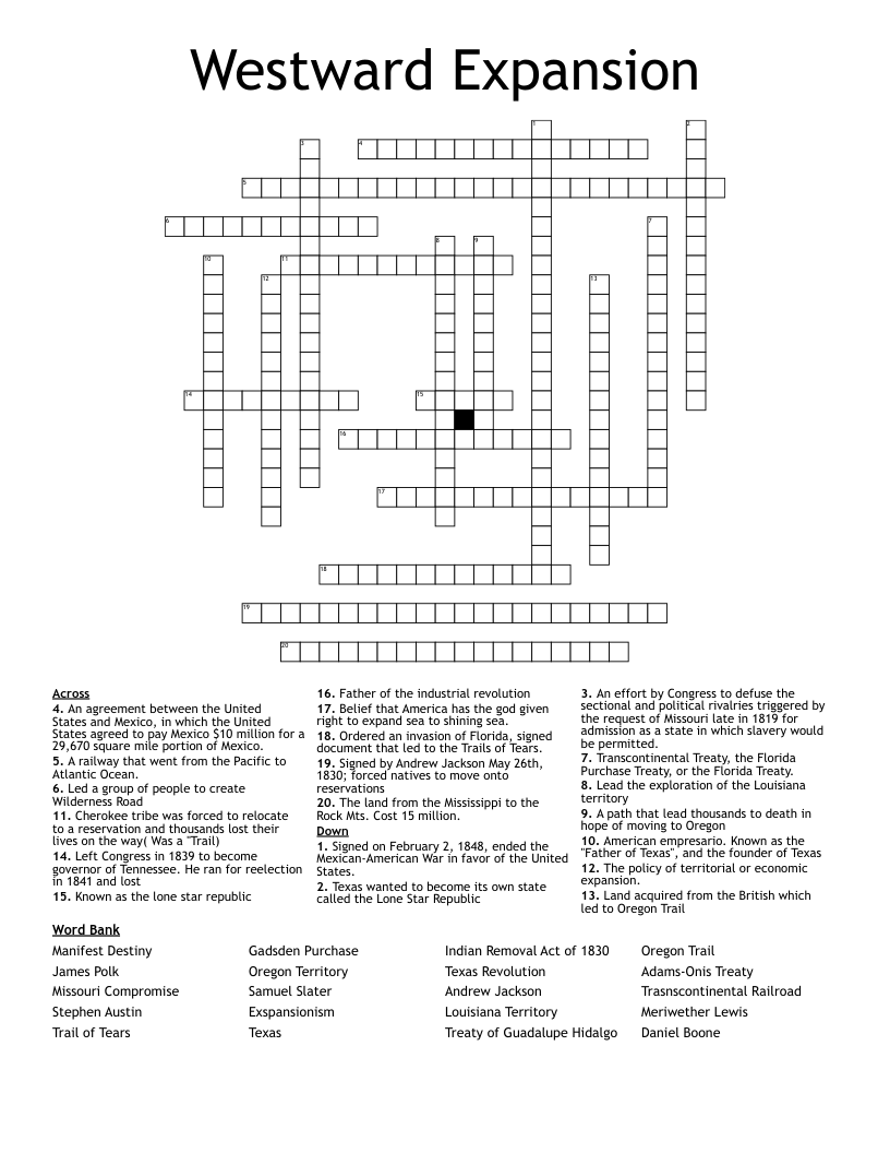 Westward Expansion Crossword WordMint