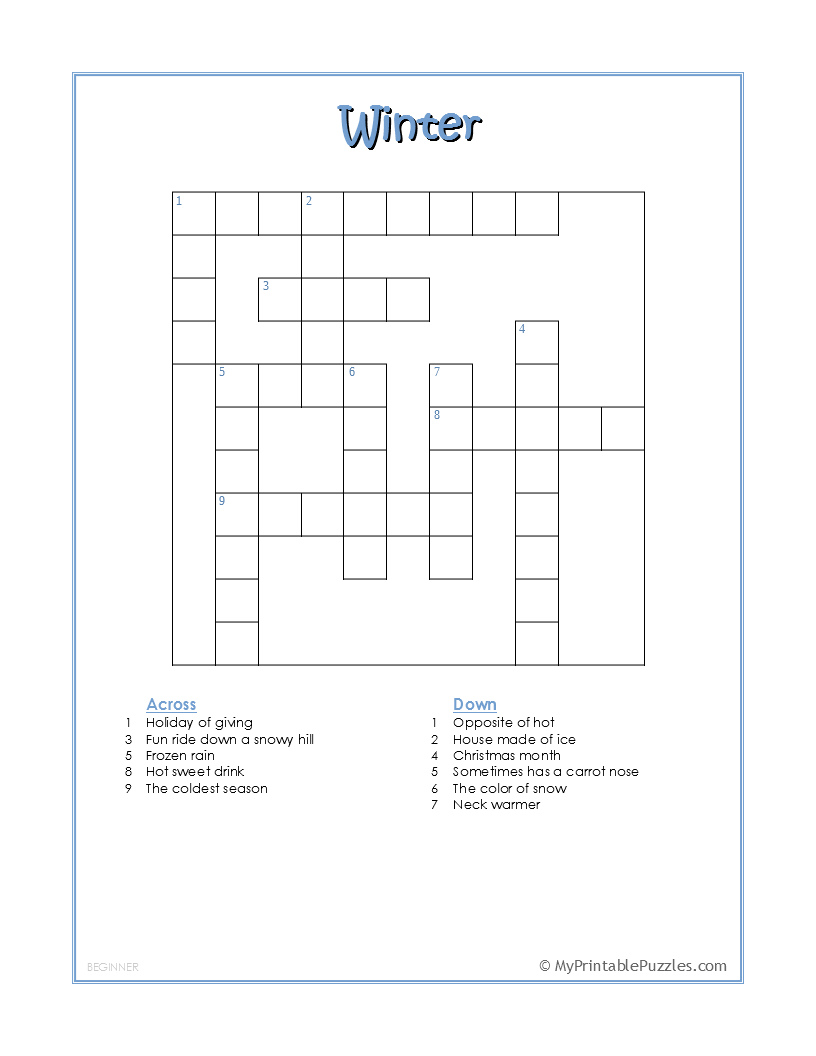 Winter Crossword Puzzle Beginner My Printable Puzzles