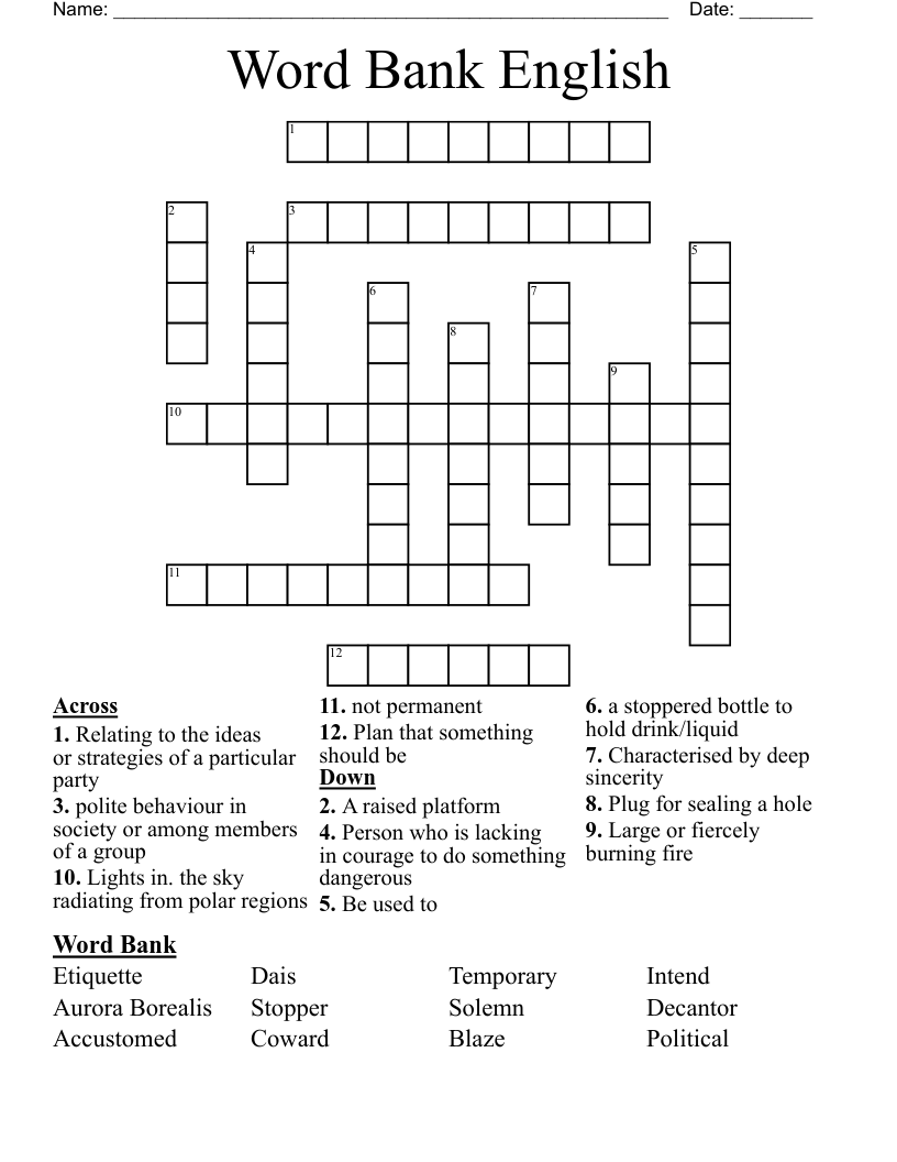 Word Bank English Crossword WordMint Word Bank English Crossword WordMint