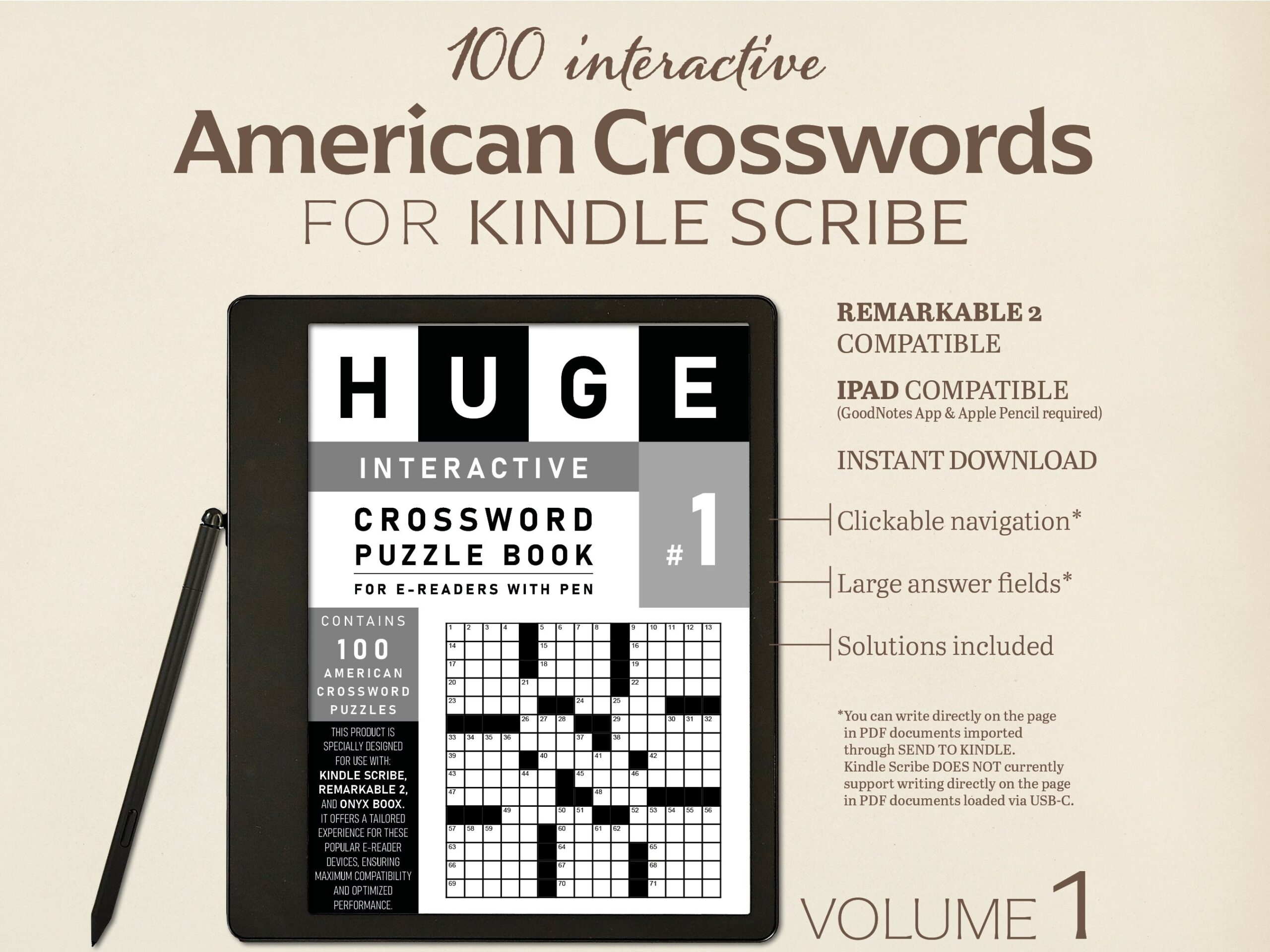 100 American Crosswords For Kindle Scribe Volume 1 Interactive Puzzle Tailored To Remarkable 2 And IPad Hyperlinked Etsy