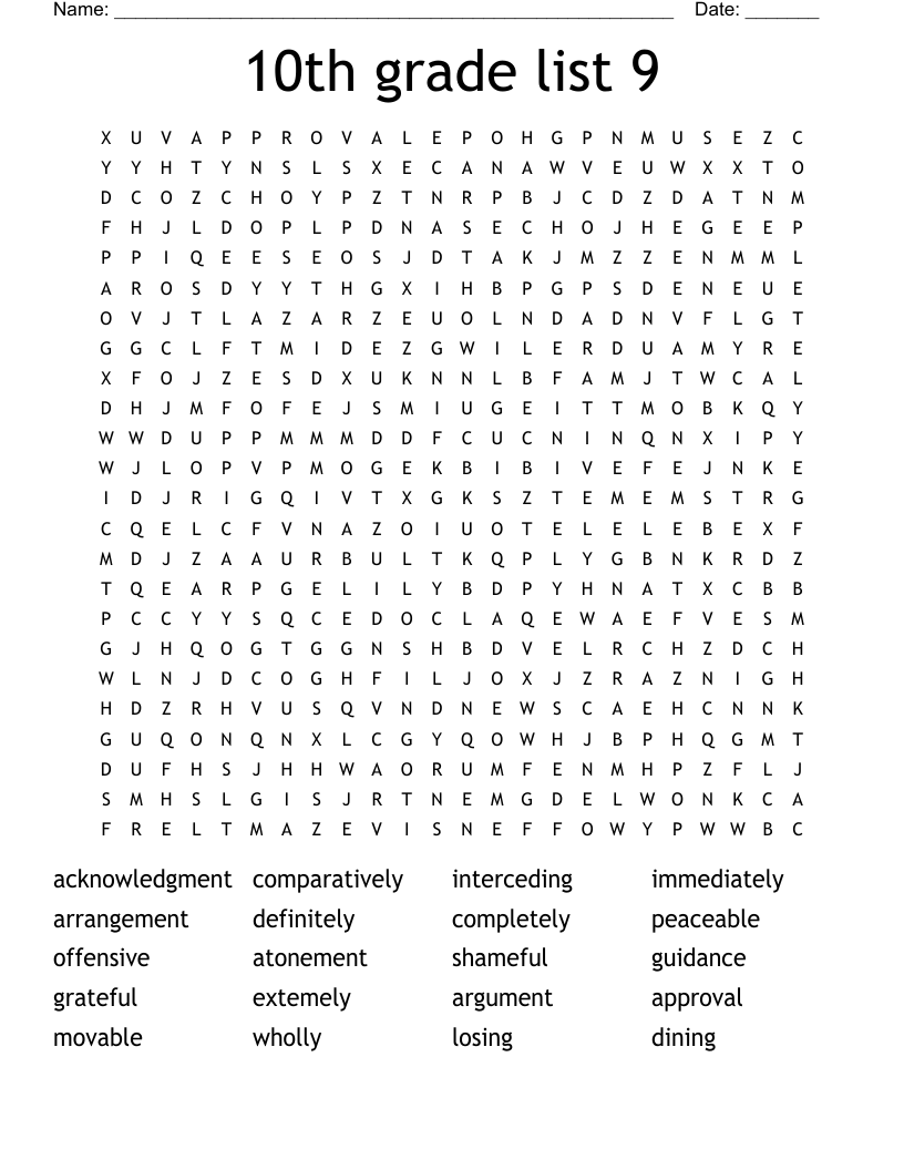 10th Grade List 9 Word Search WordMint 10th Grade List 9 Word Search WordMint