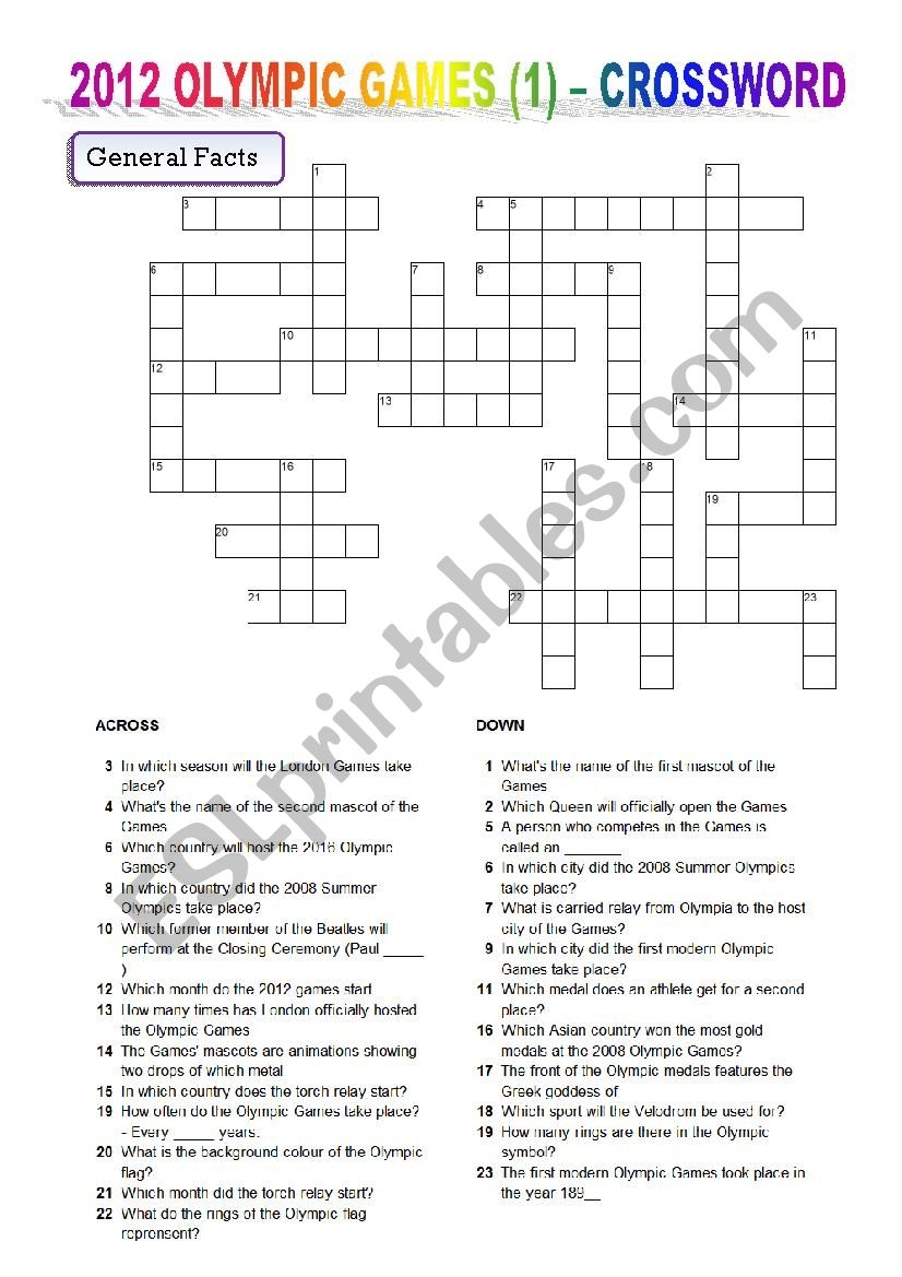 2012 OLYMPIC GAMES 1 CROSSWORD ESL Worksheet By Cgueissaz 2012 OLYMPIC GAMES 1 CROSSWORD ESL Worksheet By Cgueissaz