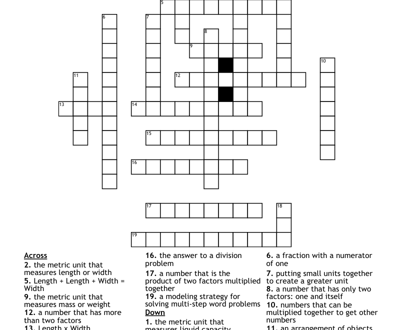 4th Grade Math Vocabulary Crossword WordMint