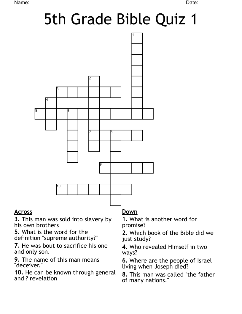 5th Grade Bible Quiz 1 Crossword WordMint