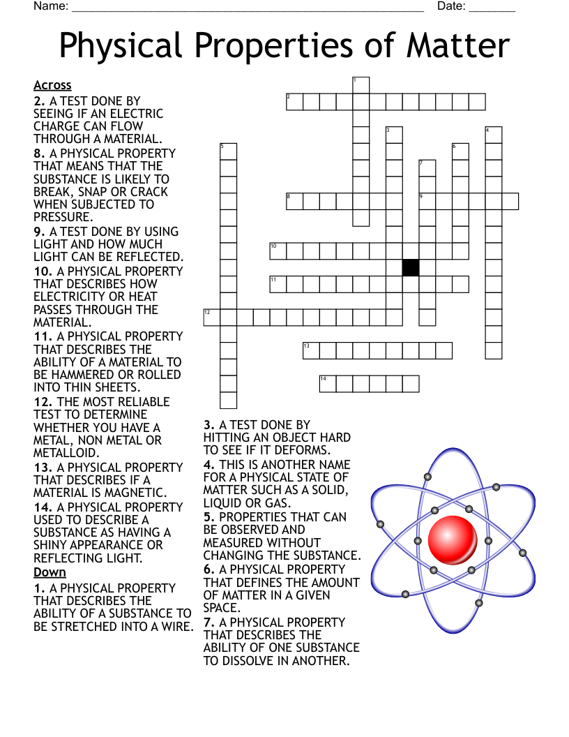 States Of Matter Crossword Puzzles Printable