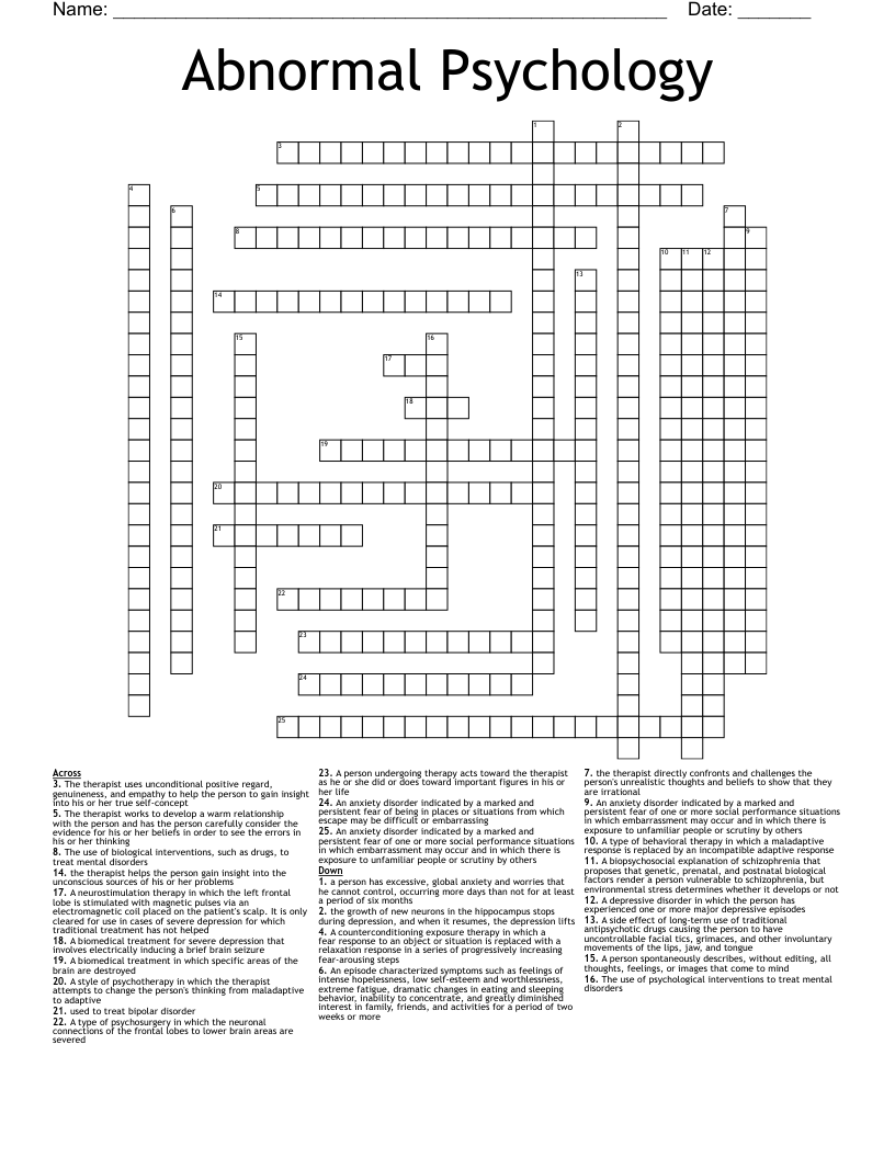 Abnormal Psychology Crossword WordMint Abnormal Psychology Crossword WordMint