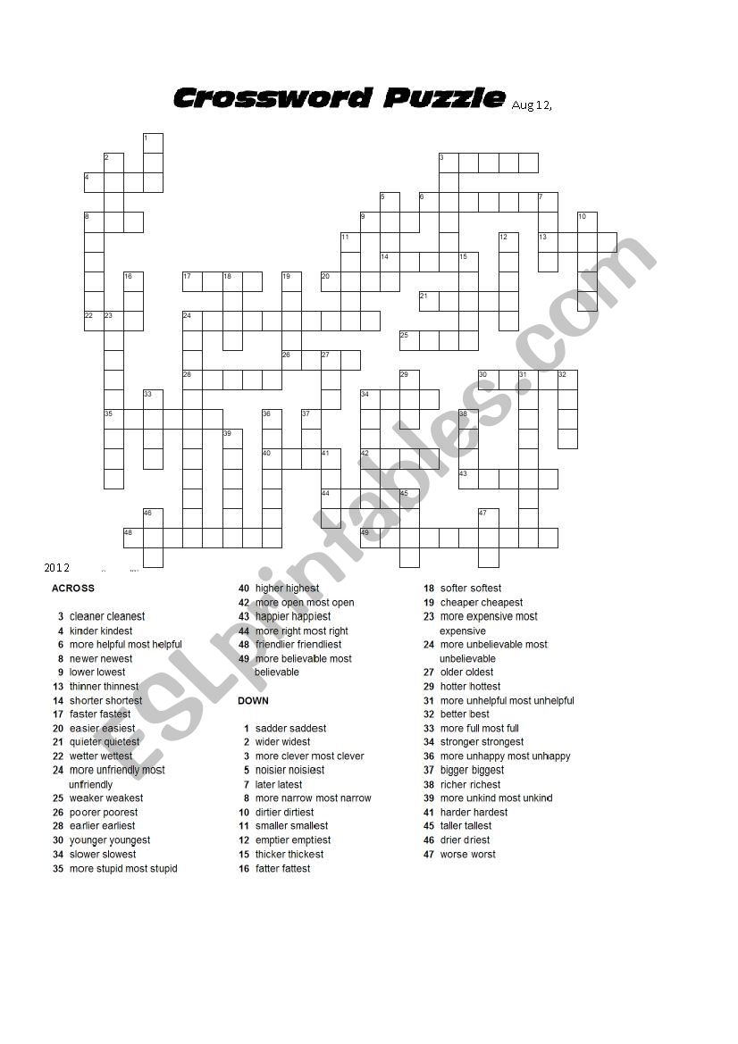 Printable Comparatives Crossword