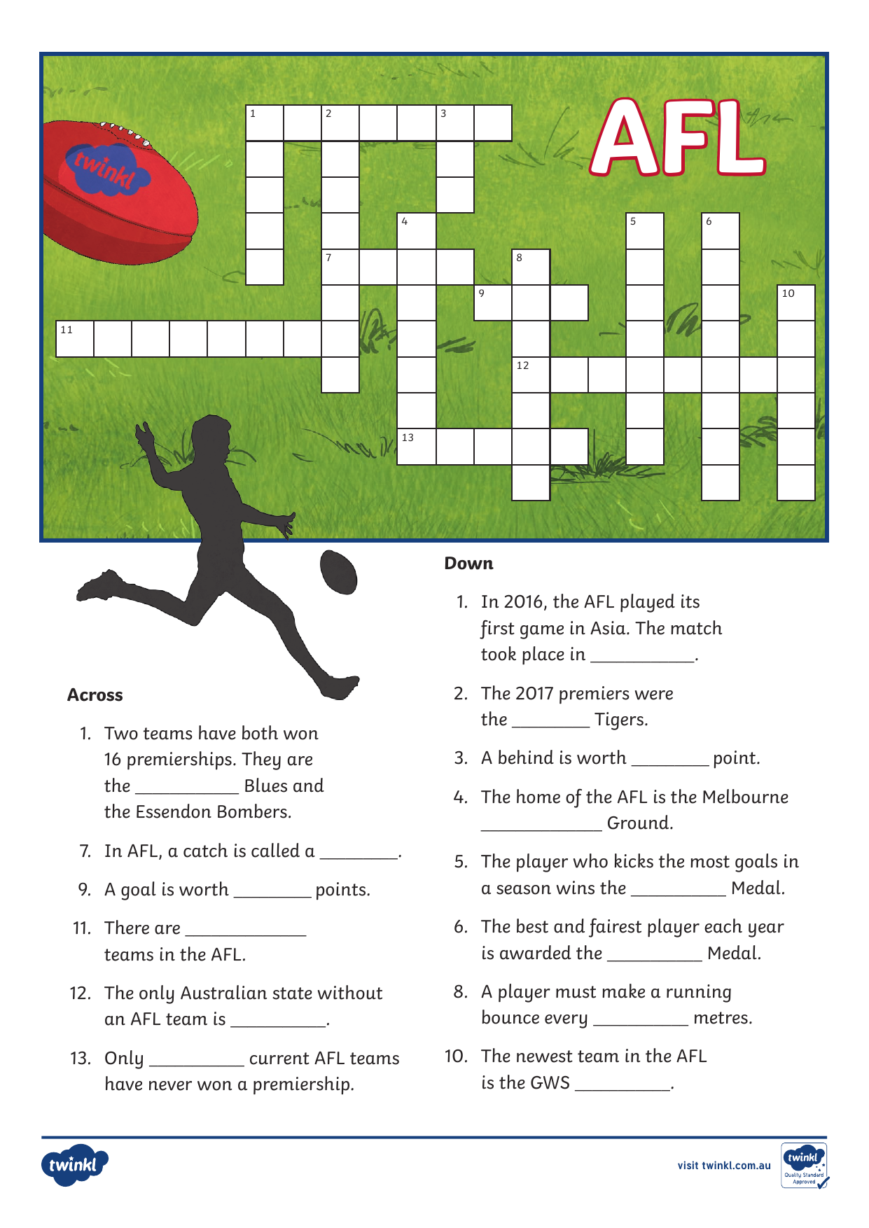 AFL Crossword Puzzle Worksheet AFL Crossword Puzzle Worksheet