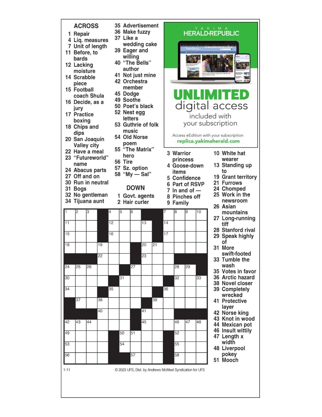 AM Crossword Jan 11 2023 Crosswords Yakimaherald