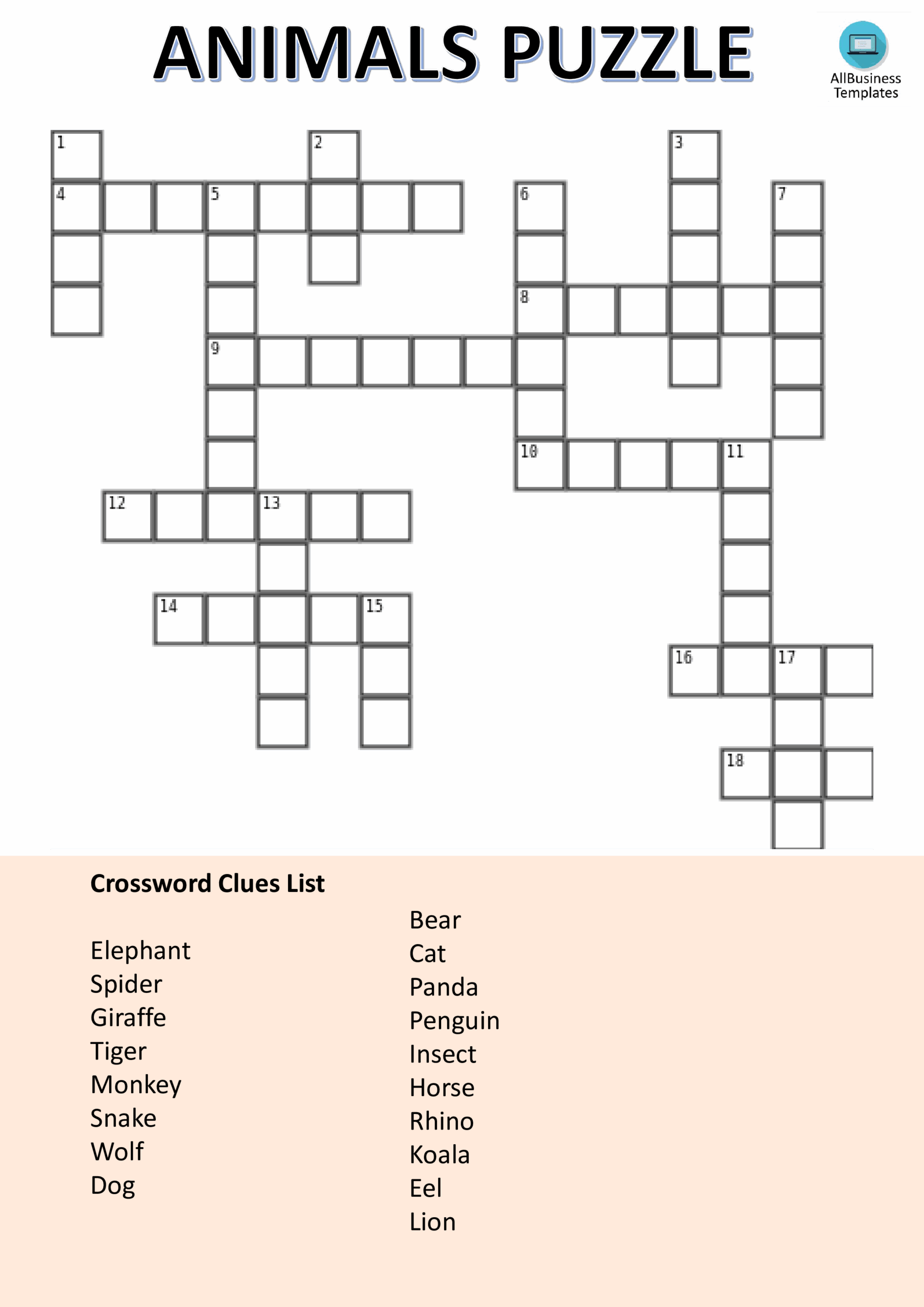 Animal Word Puzzle For Kids Templates At Allbusinesstemplates