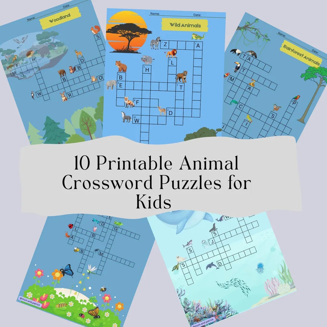 Animals Crossword For Kids 10 Printable Animal themed Puzzles With Picture Clues Answer Key ages 5 10 Etsy