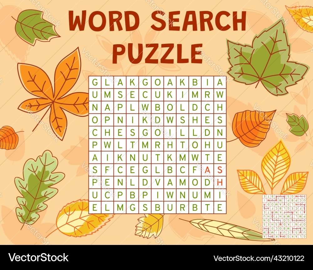 Autumn Tree Leaves Word Search Puzzle Game Task Vector Image Autumn Tree Leaves Word Search Puzzle Game Task Vector Image