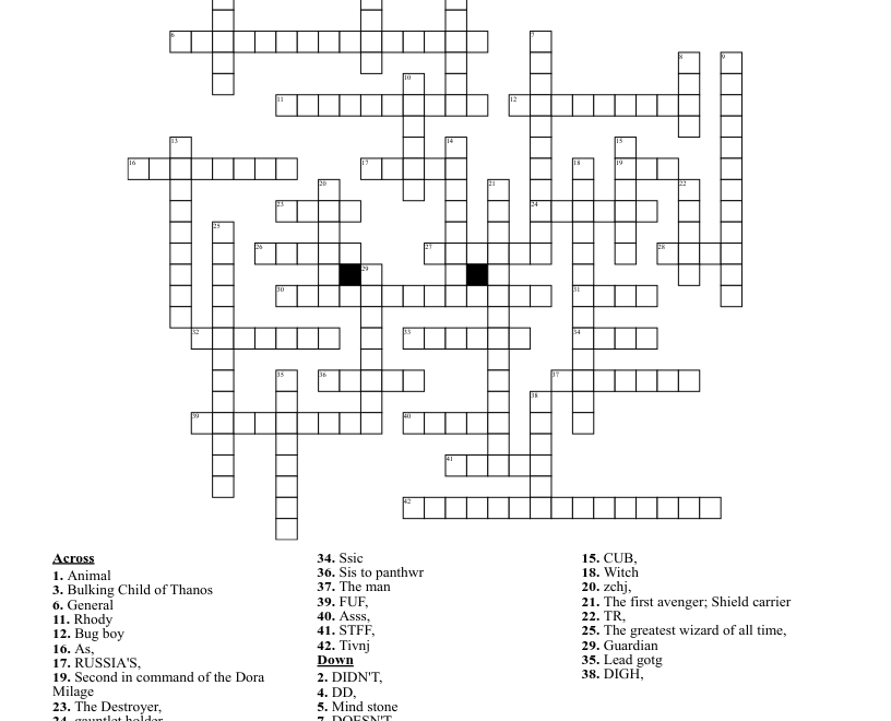 AVENGERS INFINITY WAR Crossword WordMint