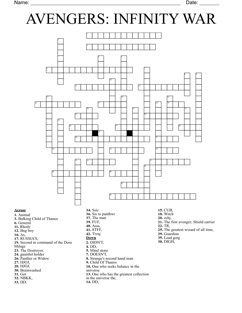 AVENGERS INFINITY WAR Crossword WordMint AVENGERS INFINITY WAR Crossword WordMint