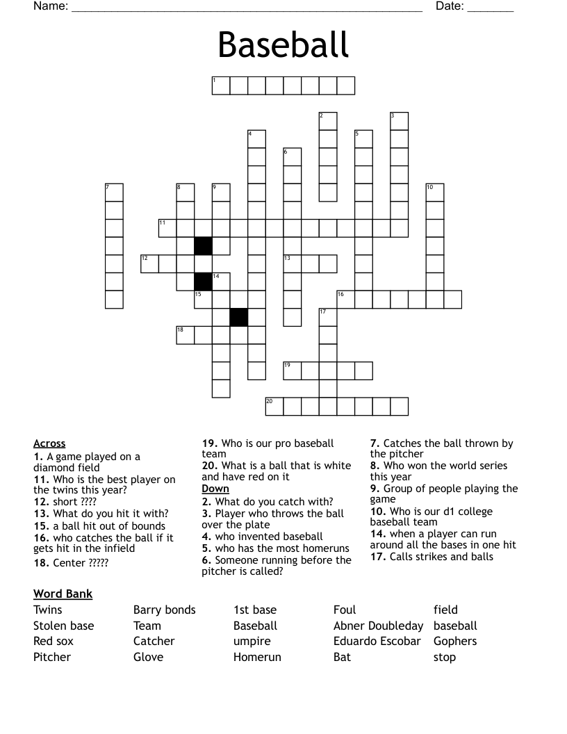 Baseball Crossword WordMint