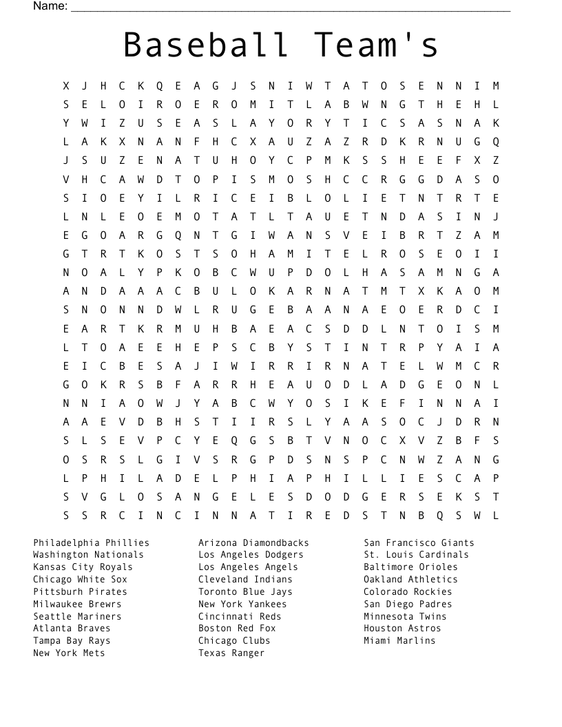 Baseball Team s Word Search WordMint