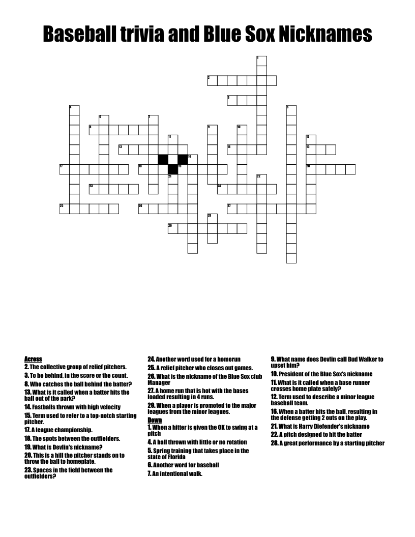 Baseball Trivia And Blue Sox Nicknames Crossword WordMint Baseball Trivia And Blue Sox Nicknames Crossword WordMint