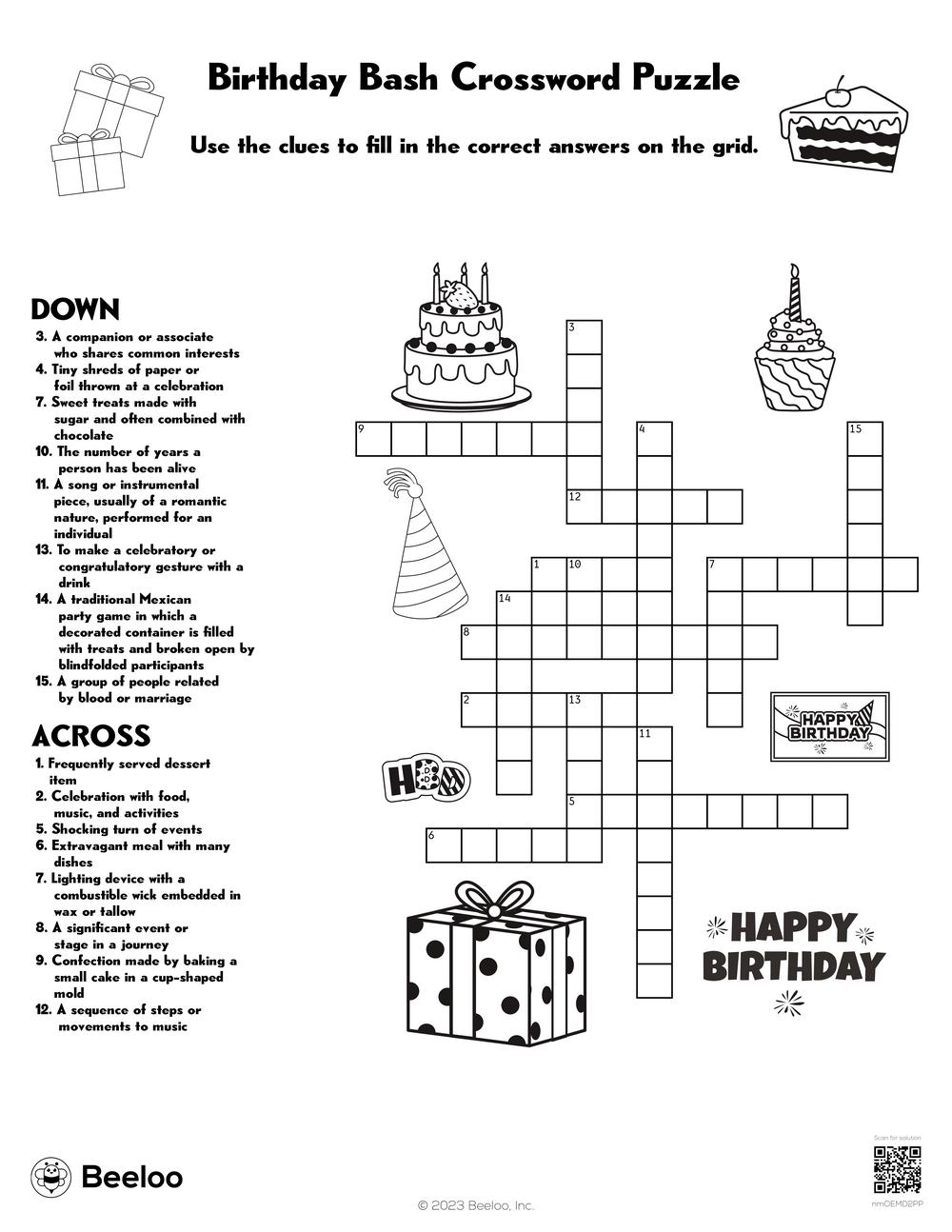 Birthday Bash Crossword Puzzle Beeloo Printable Crafts And Activities For Kids