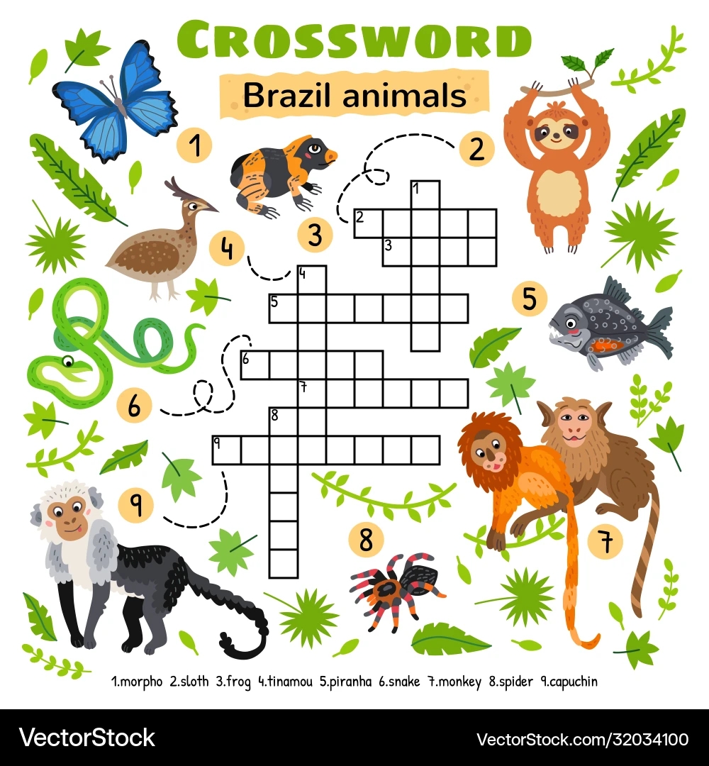 Brazil Animals Crossword Game For Preschool Kids Vector Image Brazil Animals Crossword Game For Preschool Kids Vector Image