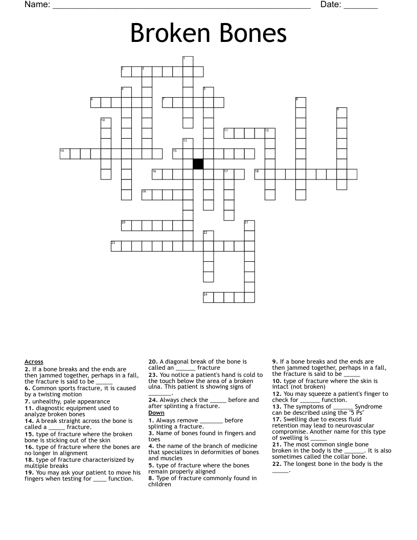 Broken Bones Crossword WordMint Broken Bones Crossword WordMint