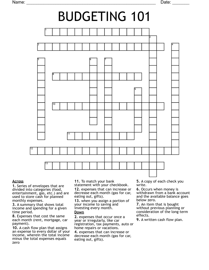 BUDGETING 101 Crossword WordMint BUDGETING 101 Crossword WordMint