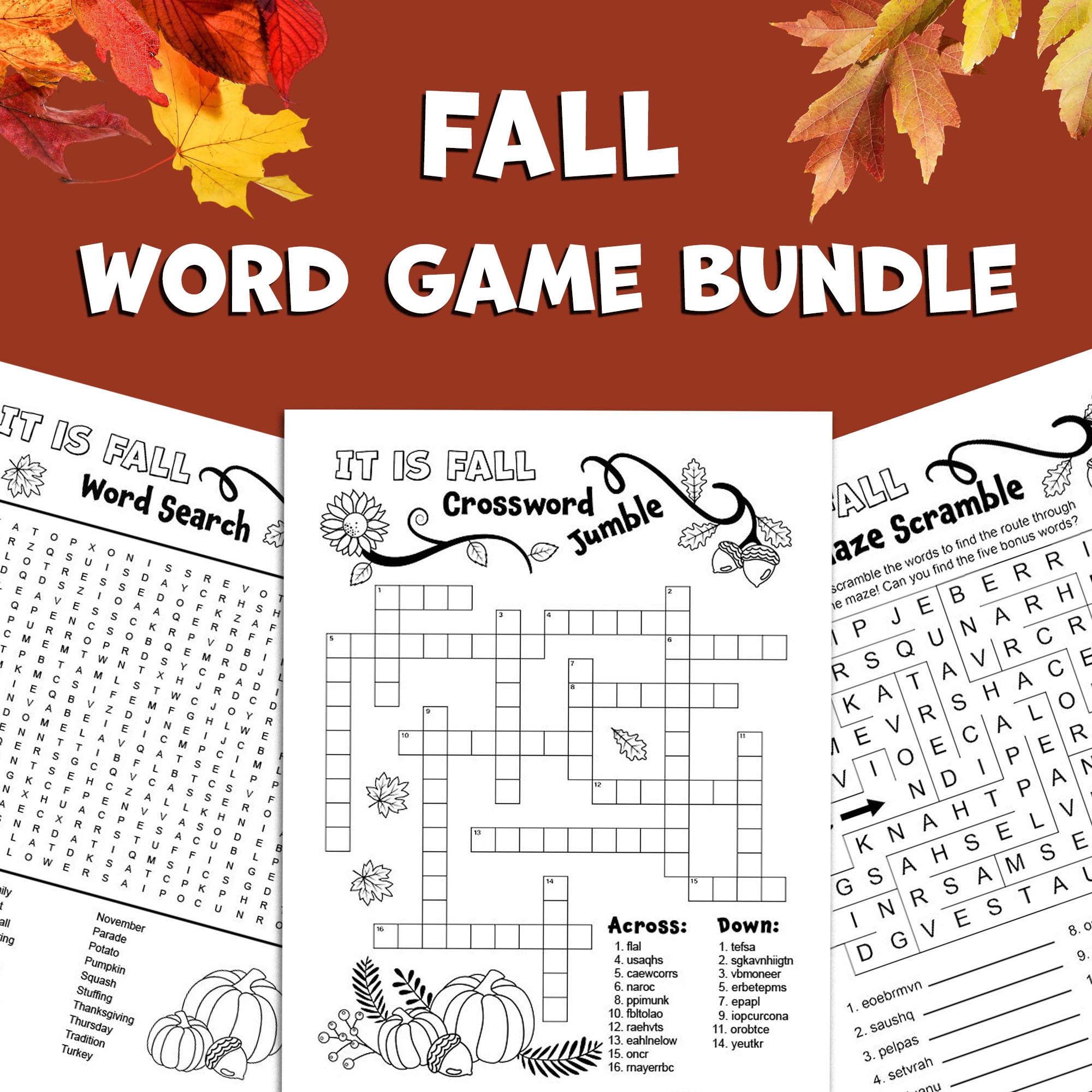 BUNDLE Fall Word Games Word Scramble Crossword Puzzle Maze Puzzle Word Search Brain Break Activities Classful