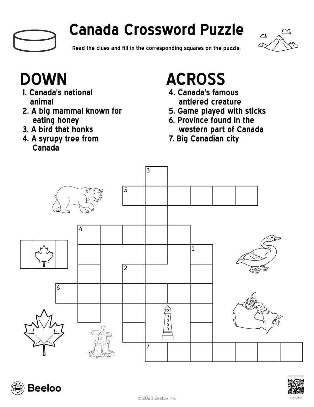 Canada Crossword Puzzle Beeloo Printable Crafts And Activities For Kids