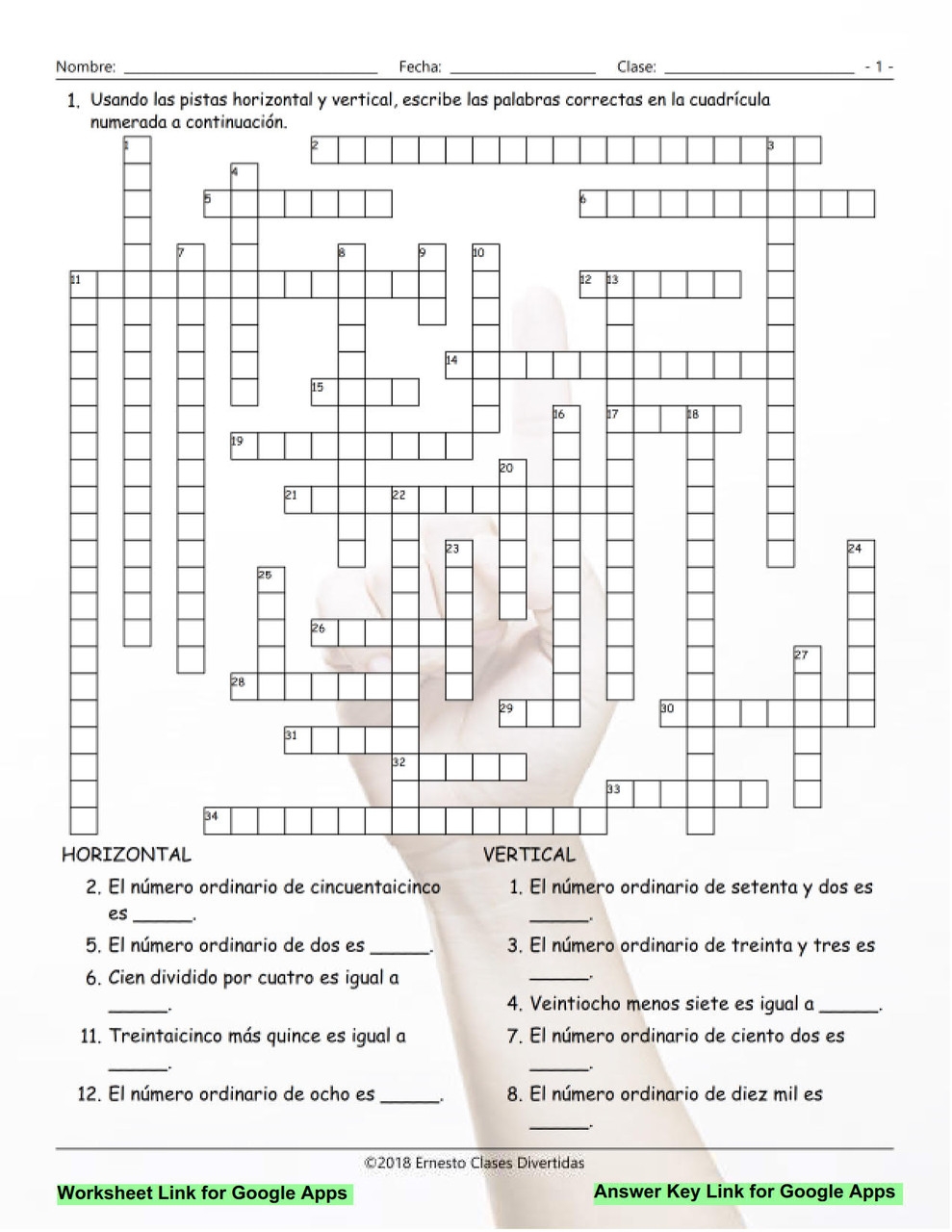 Printable Spanish Crossword Puzzle Numbers Answers