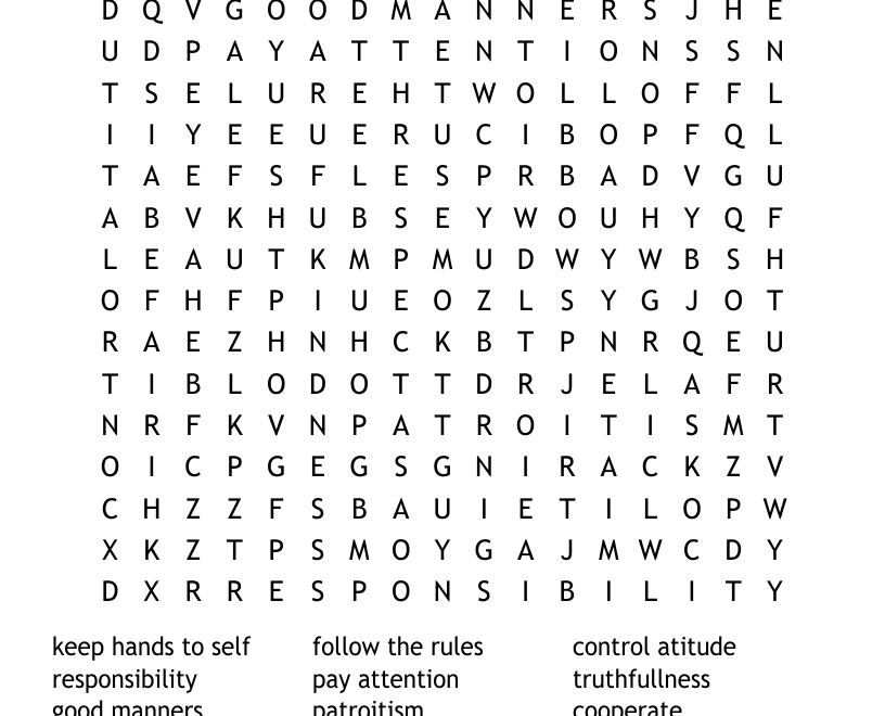 Character Education Word Search WordMint