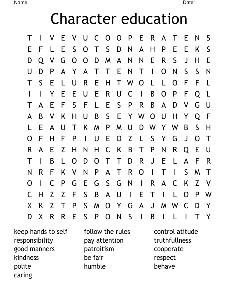 Character Education Word Search WordMint