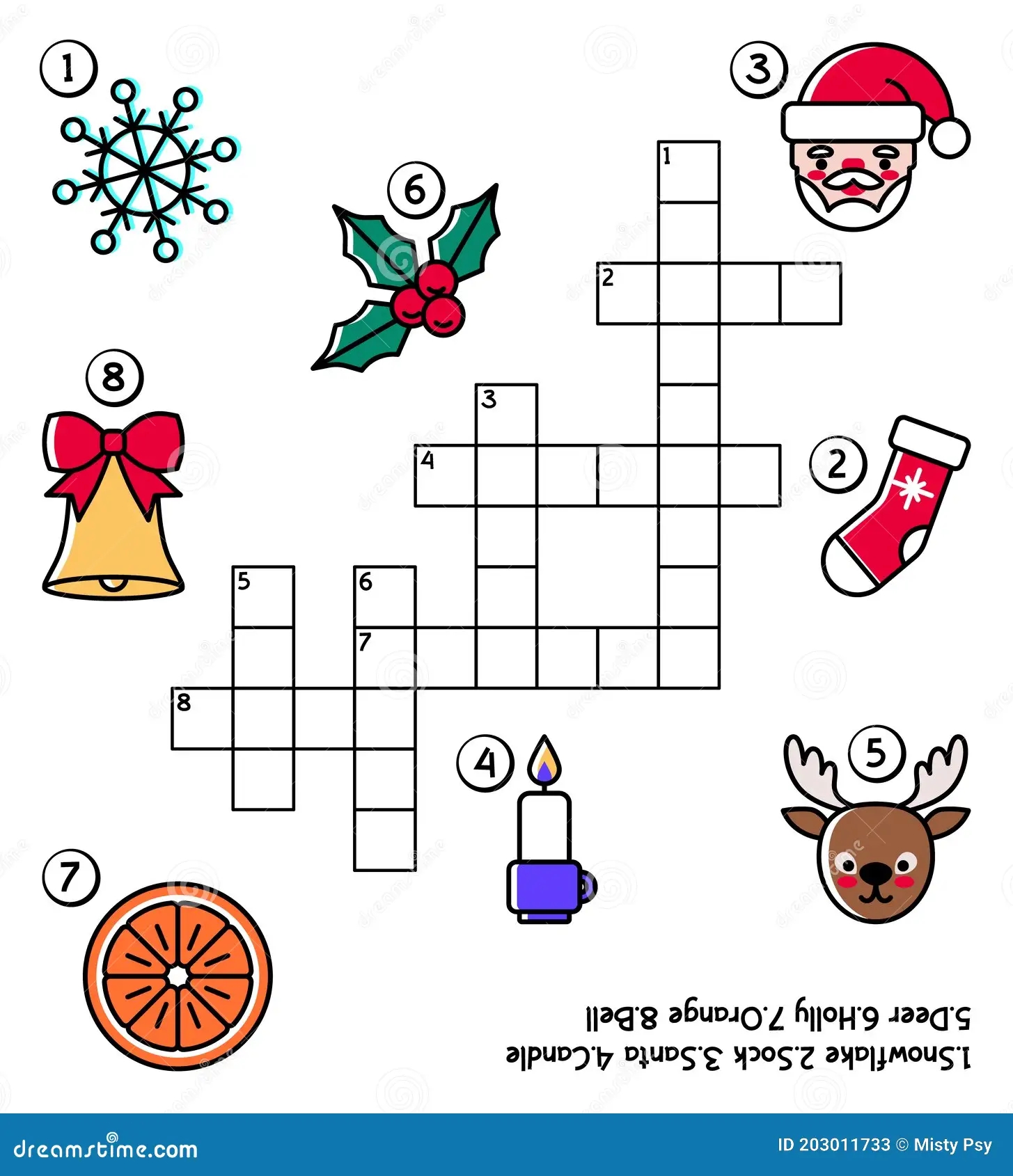 Christmas Crossword Puzzle For Kids With Santa Claus Sock Deer Bell Holly Candle Snowflake Orange Cartoon Style Stock Vector Illustration Of Graphic Ilex 203011733