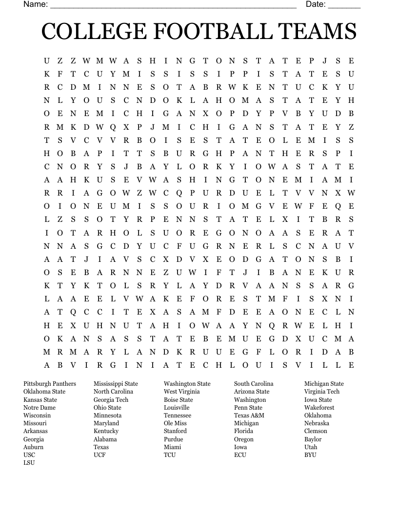COLLEGE FOOTBALL TEAMS Word Search WordMint COLLEGE FOOTBALL TEAMS Word Search WordMint