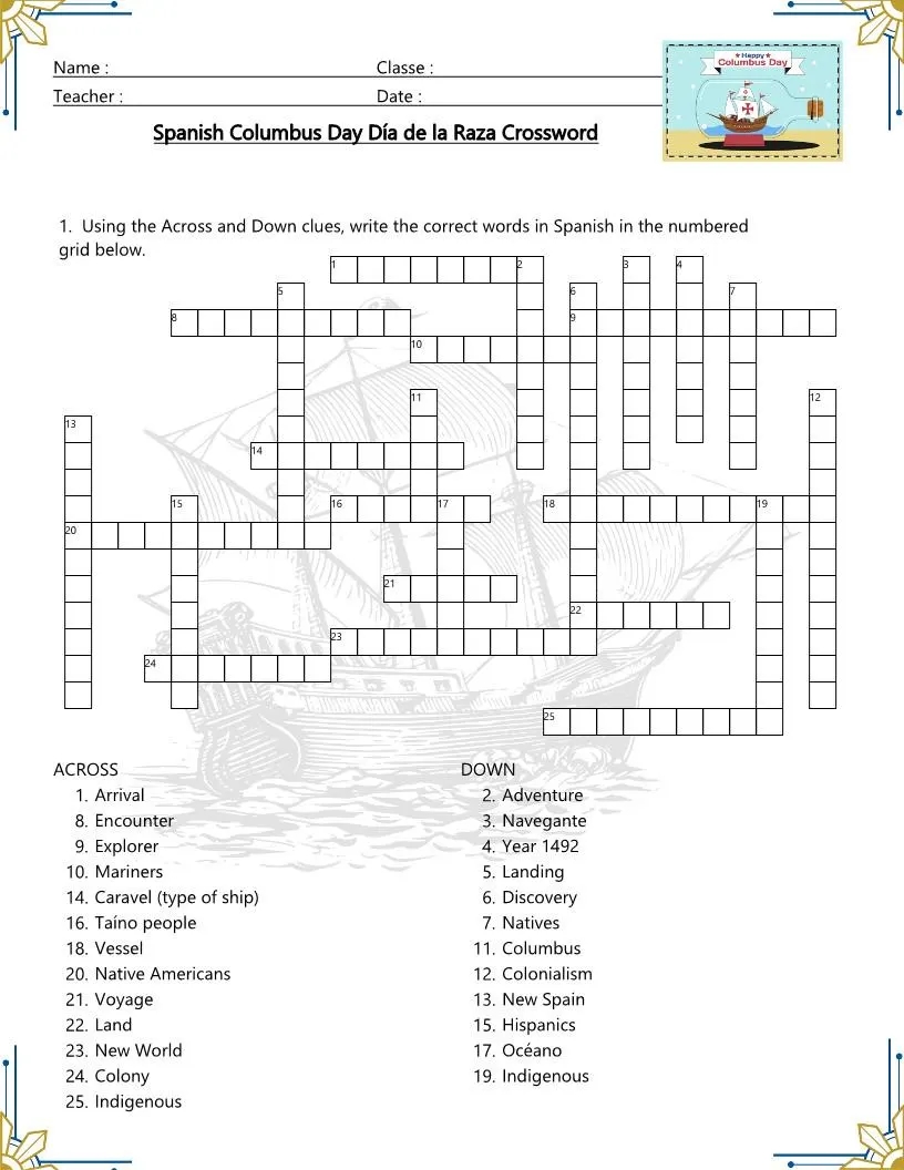 Columbus Day Spanish Vocabulary Crossword Puzzles digital Download Etsy Columbus Day Spanish Vocabulary Crossword Puzzles digital Download Etsy