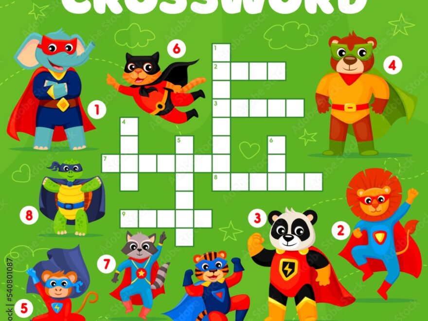 Crossword Grid Superhero Cartoon Animal Characters Quiz Game Vector Worksheet Of Find A Word Puzzle Or