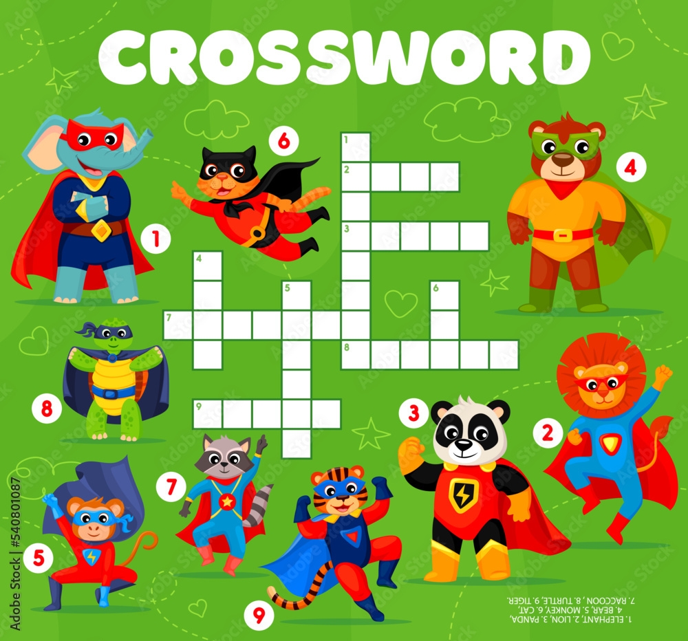 Crossword Grid Superhero Cartoon Animal Characters Quiz Game Vector Worksheet Of Find A Word Puzzle Or