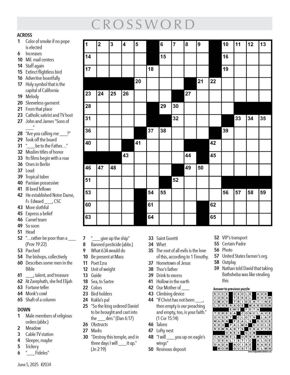 Crossword June 5 2025 Northwest Catholic Read Catholic News Stories