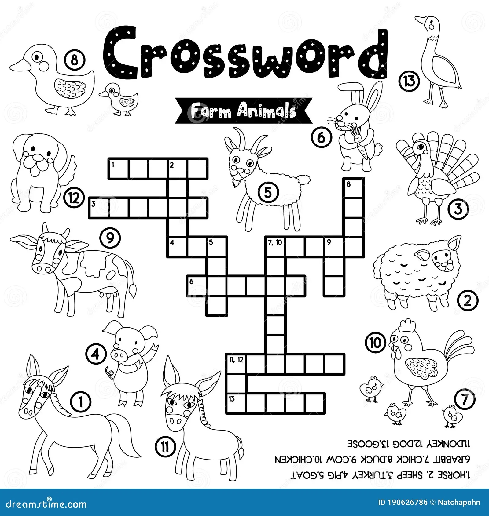 Crossword Puzzle Farm Animals Coloring Version Stock Vector Illustration Of Printable Game 190626786