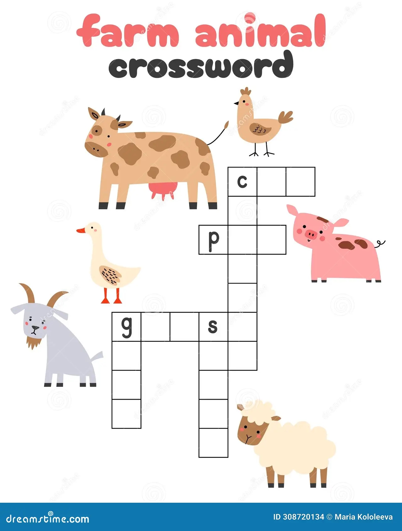 Crossword Puzzle Game Of Farm Animals Printable Worksheet With Solution For School And Preschool Stock Vector Illustration Of Blank Solution 308720134