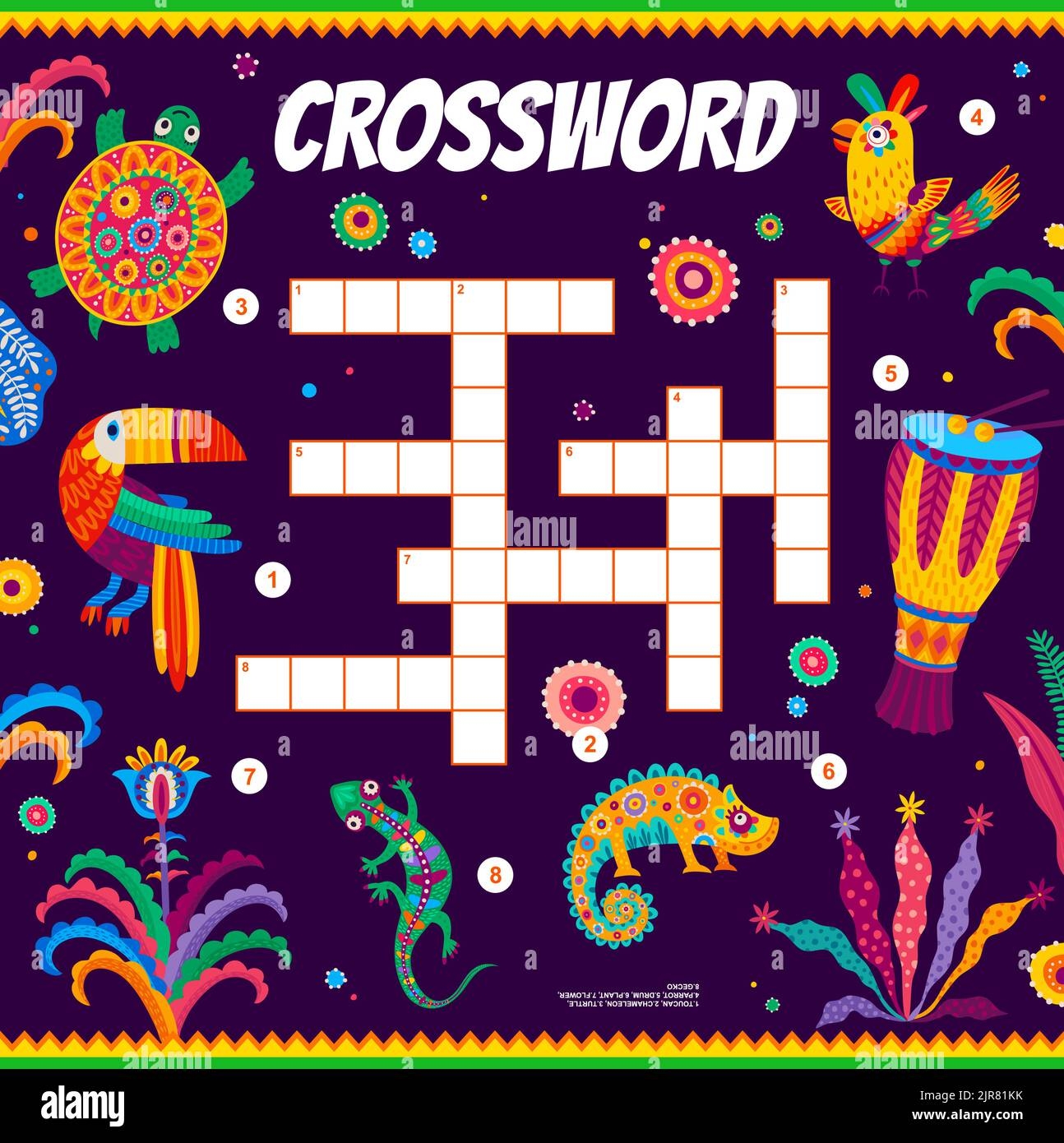 Crossword Quiz Game Grid Of Mexican And Brazilian Animals Flowers Drums Vector Worksheet With Word Puzzle Crossword Quiz Game Grid Of Mexican And Brazilian Animals Flowers Drums Vector Worksheet With Word Puzzle