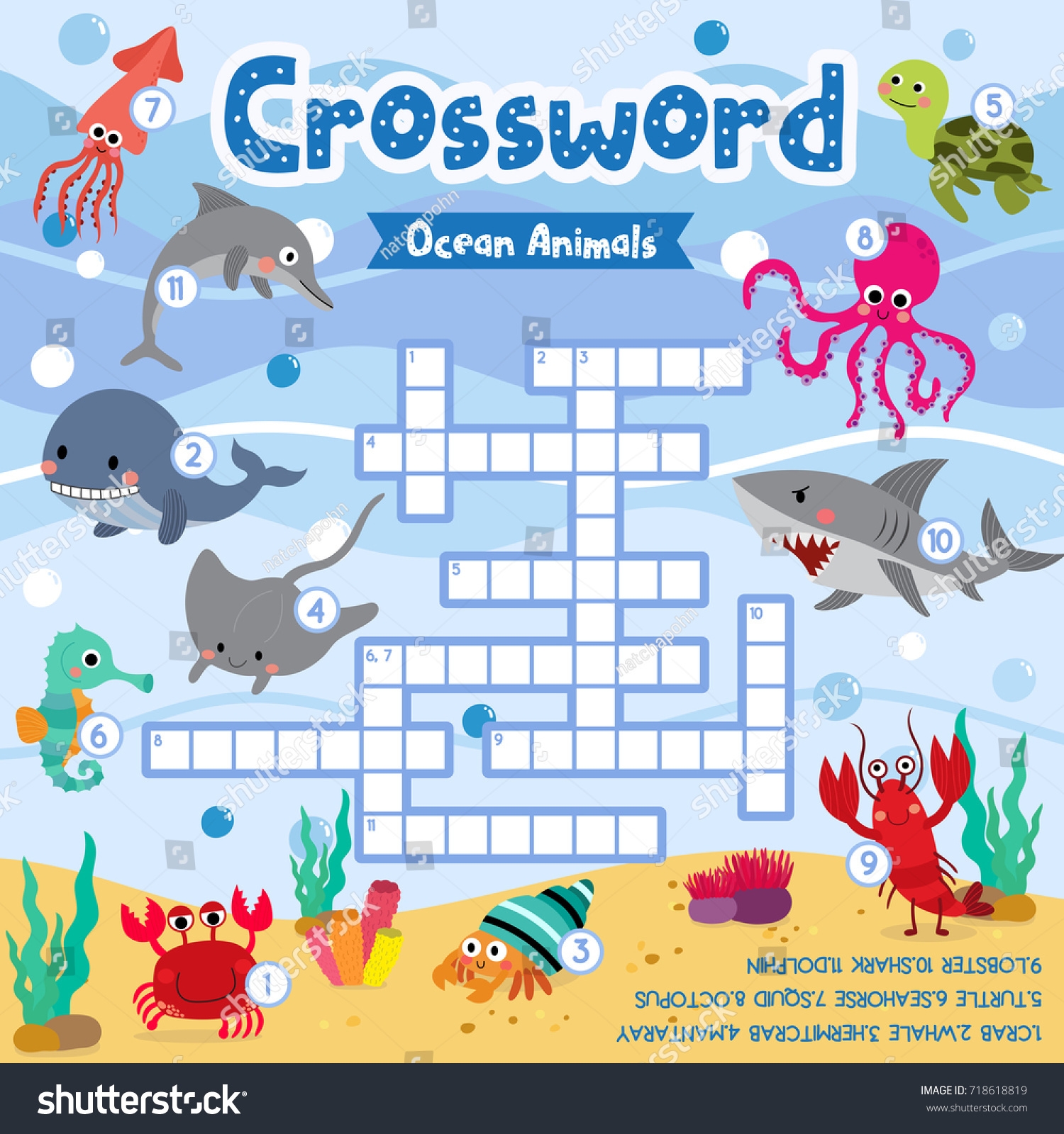 Crosswords Puzzle Game Ocean Animals Preschool Stock Vector Royalty Free 718618819 Shutterstock